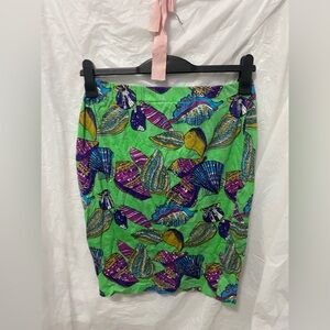 VINTAGE 90s España Seashell Print Pencil Skirt – Vibrant Lime Green – Size L